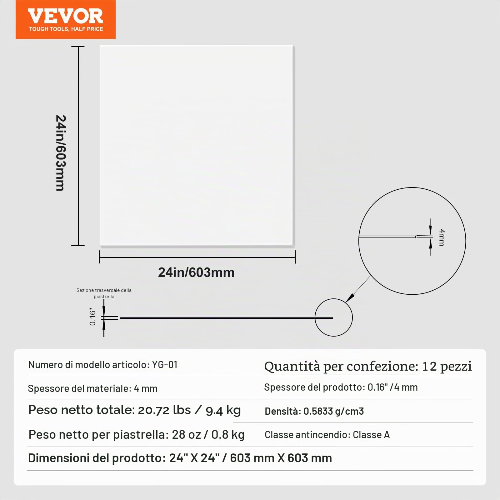 VEVOR Pannelli per Controsoffitto 603 x 603 mm Pannelli per Soffitto Confezione 12, Buona flessibilità, Facile Installazione, Rivestimento per Soffitto per Decorazione di Casa/Ufficio, Bianco Liscio