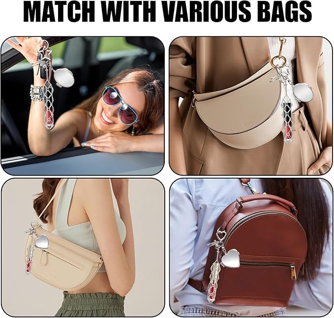 Image of Lipstick Holder Keychain Lipgloss Holder Keychain Lip Gloss Holder Keycharms for Girls Cute Bag Charms Portable Lipstick Charm Keycharms with Heart Mirror Travel Makeup Pouch (Lipstick not Included)