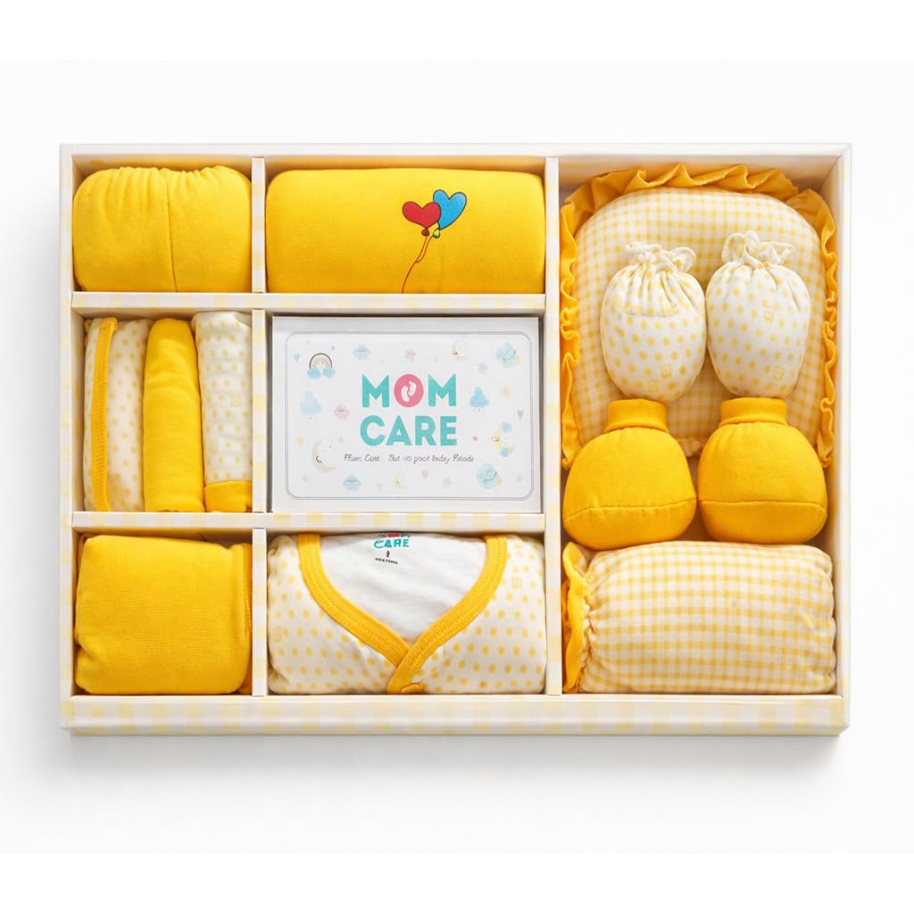 MOM CARE Newborn Baby Gift Set (11 Pieces) | 100% Cotton Baby Clothing Set | 0–3 Months | Baby Shower & Welcome Gift Box Yellow