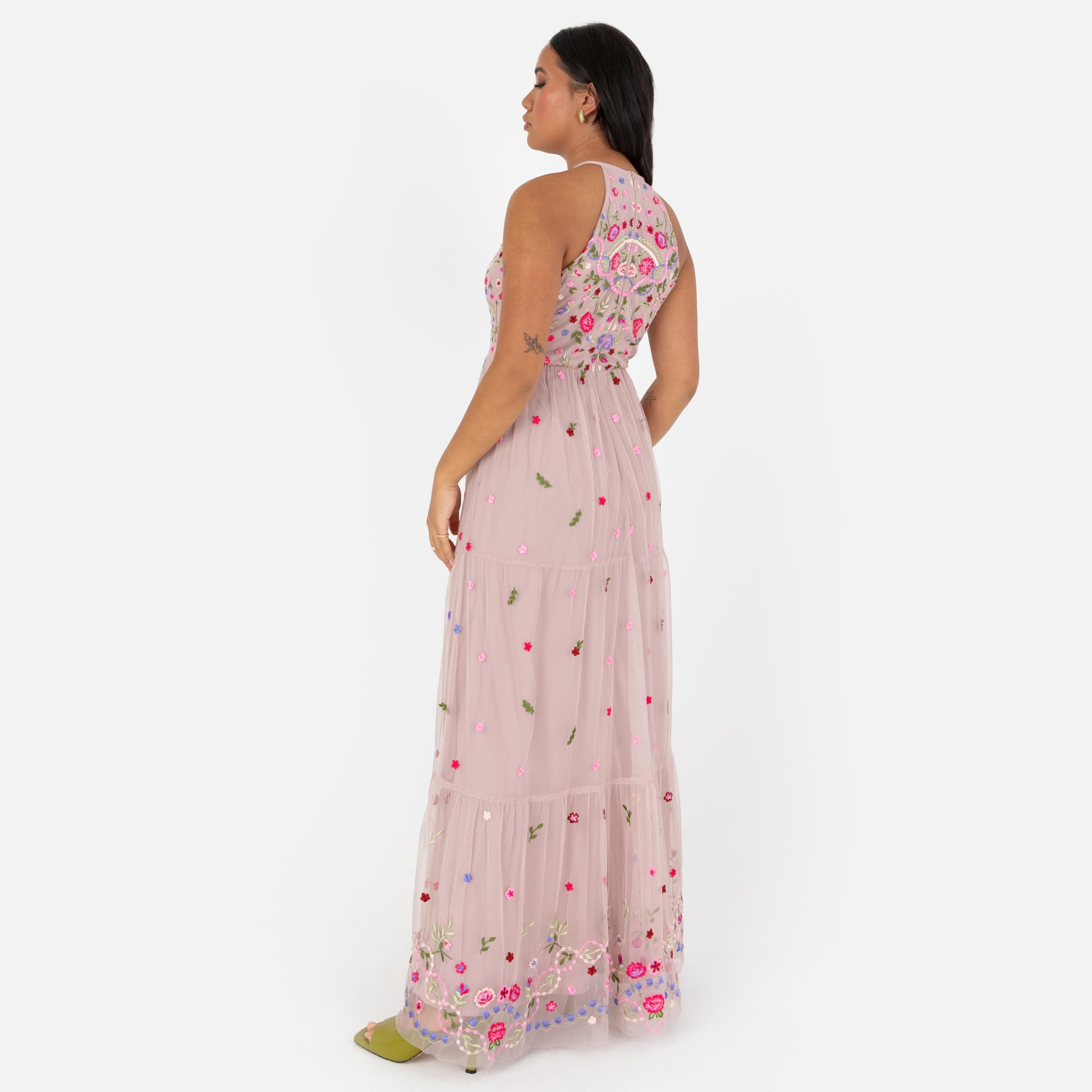 Maya Deluxe Abito Maxi da Donna, Senza Maniche, con Scollo A V, Motivo Floreale, Linea A, per Matrimoni, Feste, Gown NAN