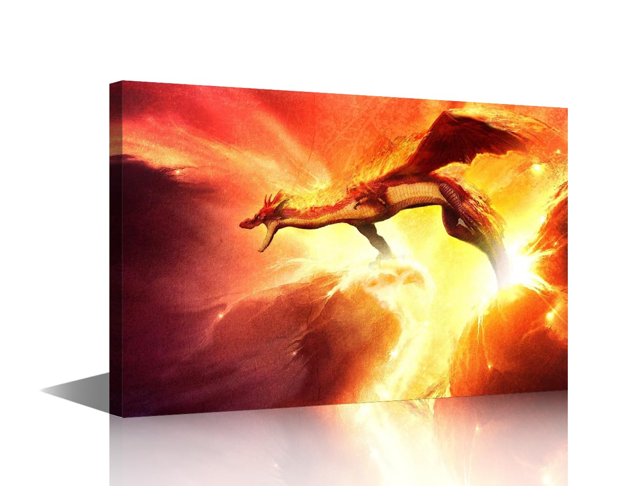 TISHIRON Fantasy Wild Animal Wall Art Fire-breathing Dragon Canvas Painting 1 Piece Fire Dragon Pictures Living Room Norse Home Rustic Decoration Framed Ready to Hang 24x16in
