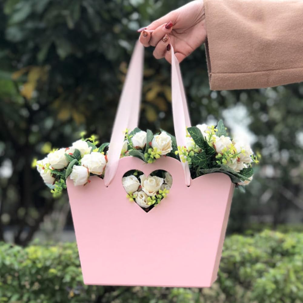 Oasis 10 Pcs Heart Window Floral Bag With Satin Ribbon Handle, Paper Flower Wrapping Bags for Floral Arrangements, Gift Hamper Packaging, Florists Wrapping For valentines day , Weddings and Special Occasion 22x21x10cm | Pink-image-22