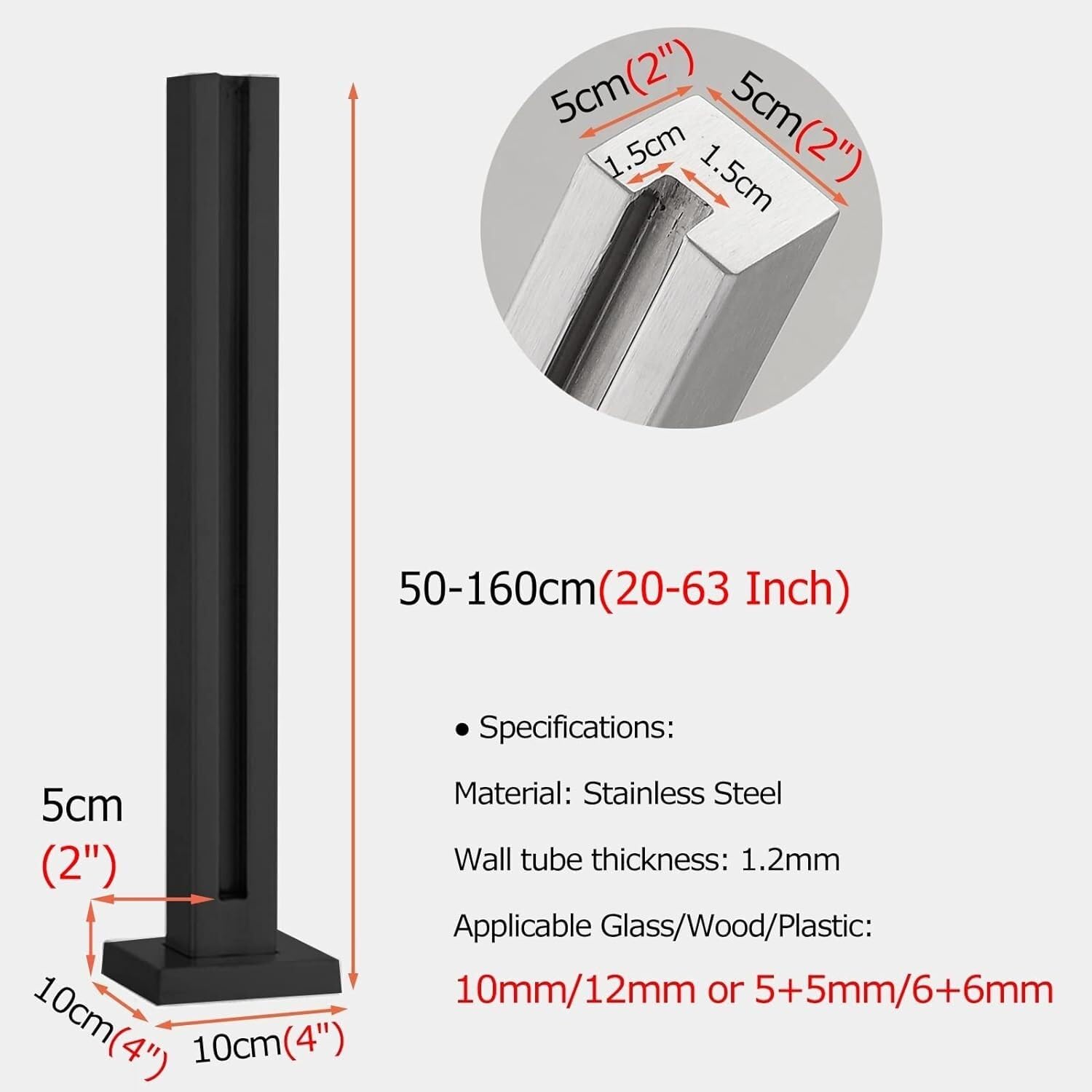 ZCX Paletto per Ringhiera Pannello in Vetro in Acciaio Inossidabile, palo angolare for Garage/parcheggio/terrazza/Scala, Nero Acciaio Inossidabile(105cm/41.3")