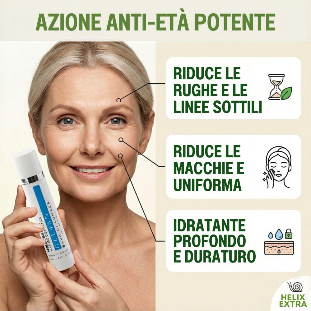 Helix Extra Gel - Siero Viso Bava di Lumaca 98% – Antirughe Antimacchie con Collagene Vitamina C e E – Idratante per Viso Collo Decolletè – Made in Italy 60ml