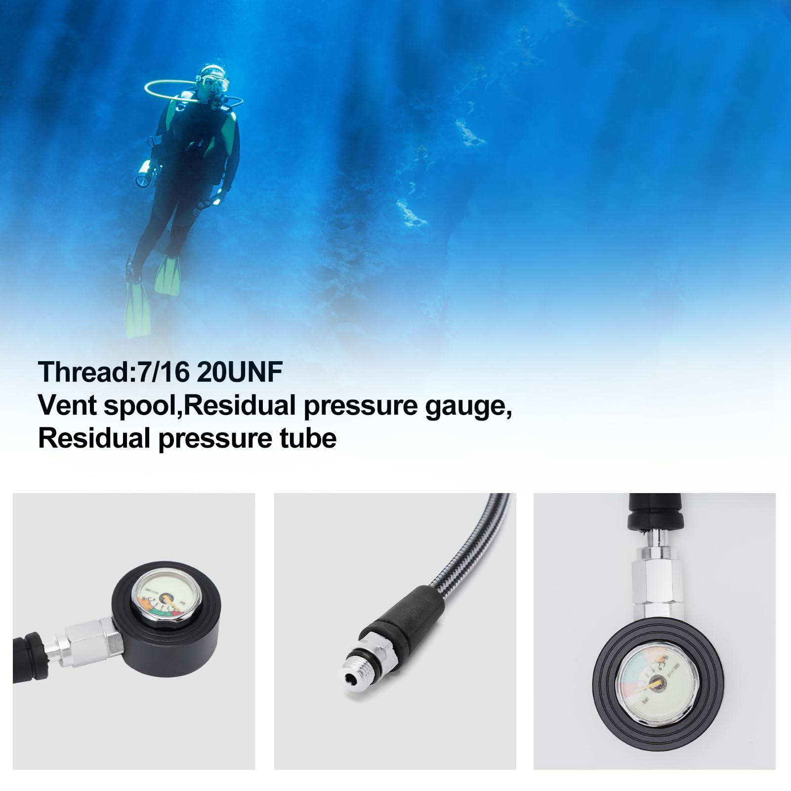 Manómetro de buceo sumergible Manómetro iluminado con manguera de alta presión para regulador BCD equipo de buceo submarino