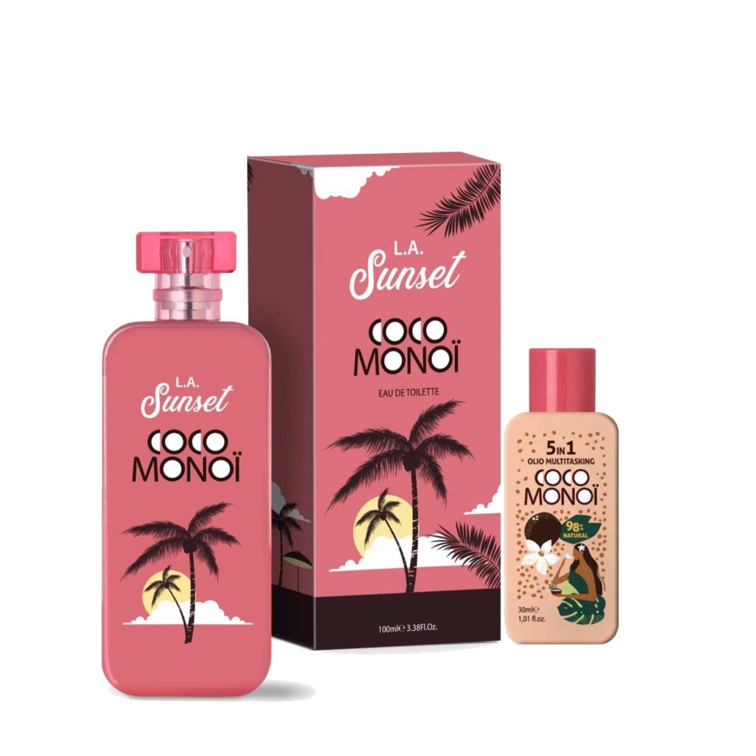 L.A Sunset Profumo Donna Eau de Toilette 100 ml – Spray Floreale Tropicale, Note di Cocco e Monoi, Fragranza Estiva Leggera, Con Olio Multifunzione in Omaggio, Formato Viaggio 30 Ml