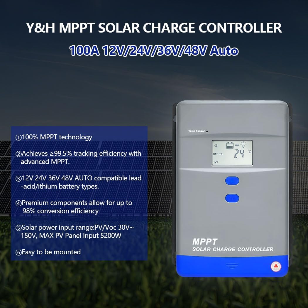 100A MPPT Solar Charge Controller 12V/24V/36V/48V Auto Battery Regulator LCD Display,MAX PV Panel Input 5200W for AGM, Gel, Flooded and Lithium Battery Charging, High-Efficiency Energy Conversion​