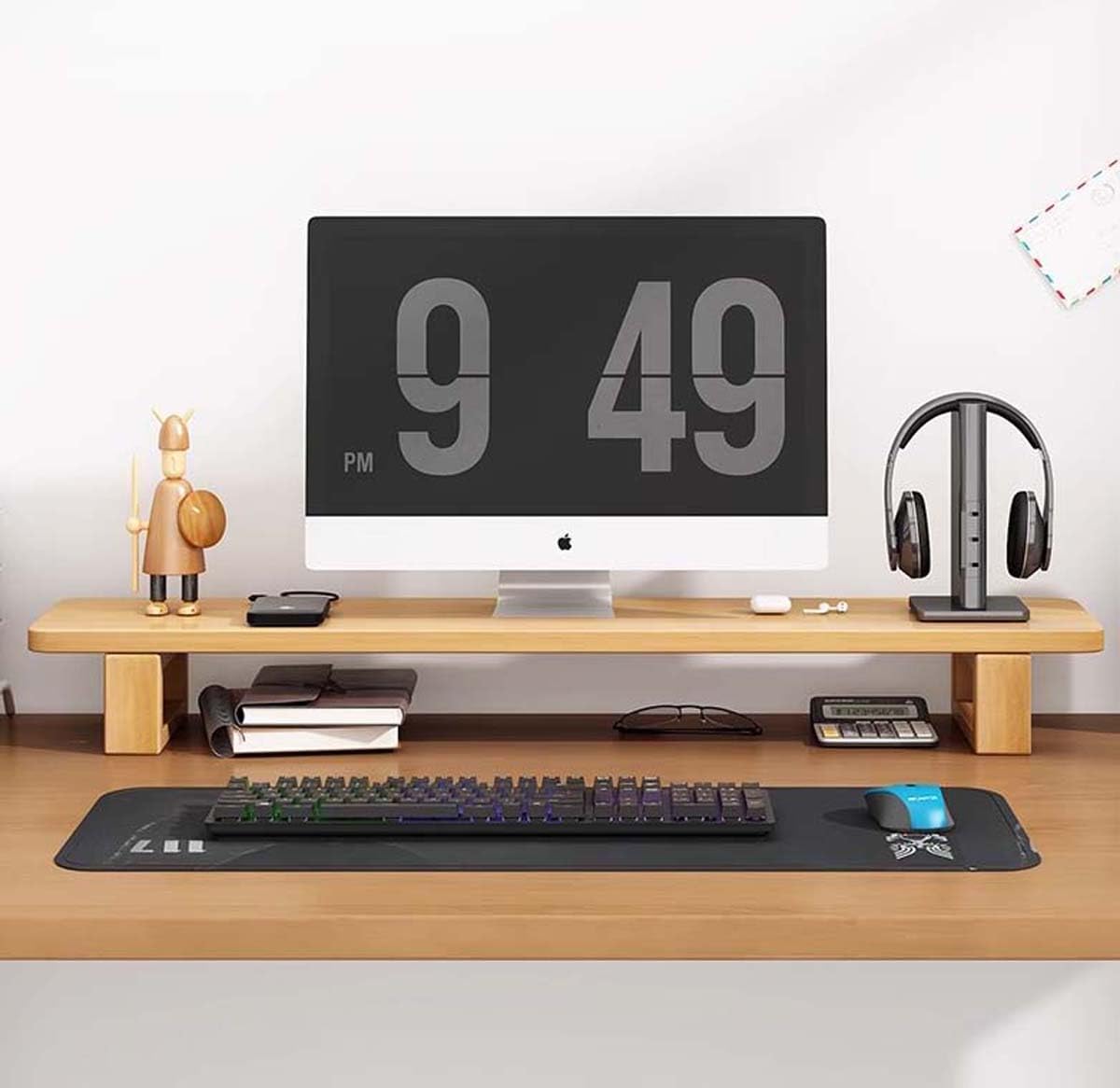 Soporte de madera ergonómico y cómodo para PC, portátil y pantalla de TV, para hogar u oficina, estante de almacenamiento de escritorio 60 x 20 x 12 cm