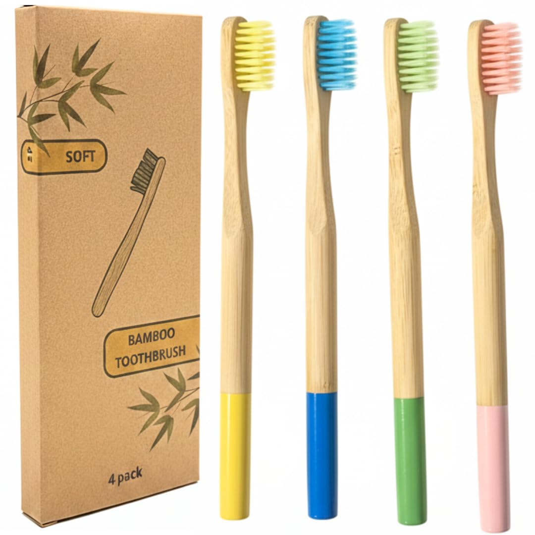 Bamboo Toothbrush Soft Bristles 4 Pack Eco-Friendly Natural Wooden Handle BPA-Free Vegan Biodegradable Plastic-Free Packaging Family Set