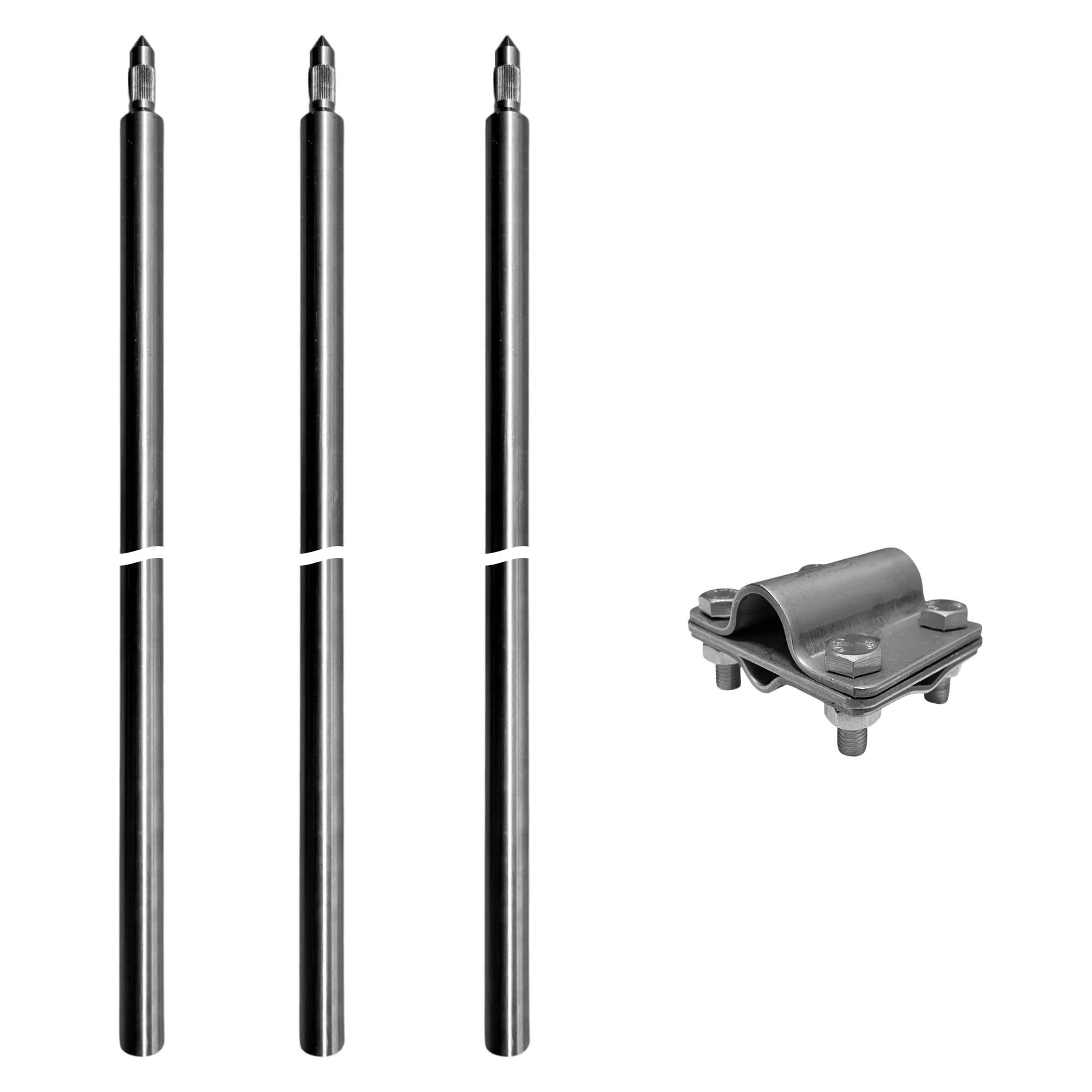 Tiefenerder V4A Set 3x 1,5m - Erdungsstangen 20mm Durchmesser aus Edelstahl + Kreuzerder Klemme - Erdungsstab für Erdungskabel PV Anlage Staberder Erdungsspiess 1,5m Erdung Komplettset