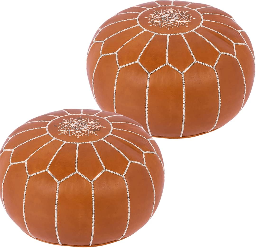 ARTOUARZAZATE Set of 2 Amazing Moroccan Leather Pouf. Leather Pouf Cover, Genuine Goatskin Leather - Bohemian Living Room Decor - Cover ONLY - Stuffing is NOT Included