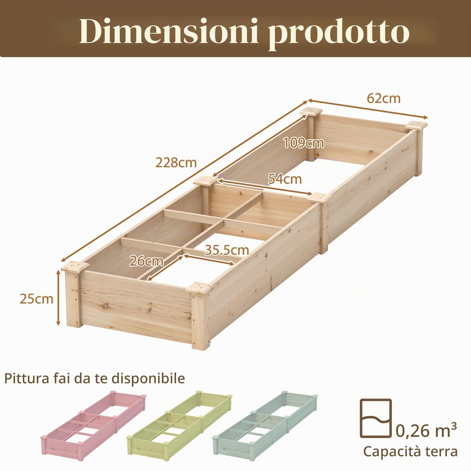 HOMASIS Orto Rialzato da Esterno in Legno, Fioriera con 2 Scomparti e Separatori per Fiori, Verdure, Frutta, Erbe, Letto da Giardino per Terrazza, Balcone, 228 x 62 x 25 cm (Naturale)