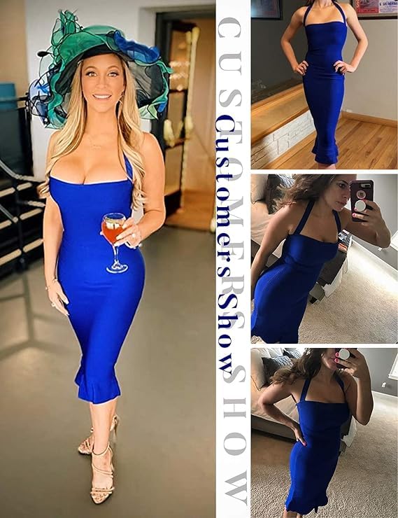 Image of meilun Womens Halter Fishtail Bandage Party Dress Elegant Wedding Guest Dress