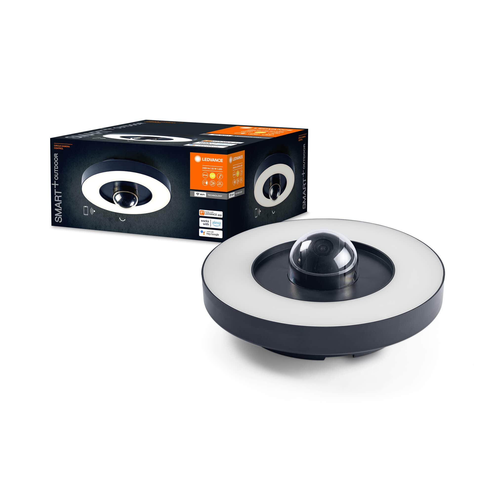 OSRAM SMART buiten wand- & plafondlamp camera, warm witte LED-lamp (3000K), hoogwaardige polycarbonaat behuizing in donkergrijs, geïntegreerde speaker, geheugenkaart, slimme WiFi-technologie