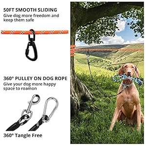 Dog Tie out Cable for Camping  50ft Reflective Dog Lead Line and 65ft Dog Run Rope and Dog Rope Toy  Dog Zipline Trolley System Runner Cable Hold Up to 200lbs  Dogs Runner for Yard Camping Outdoor  Cucciolini Doodles Dog tie out cable for camping  50ft reflective dog lead line and 6 5ft dog run rope and dog rope toy  dog zipline trolley system runner cable hold up to 200lbs  dogs runner for yard camping outdoor   cucciolini doodles