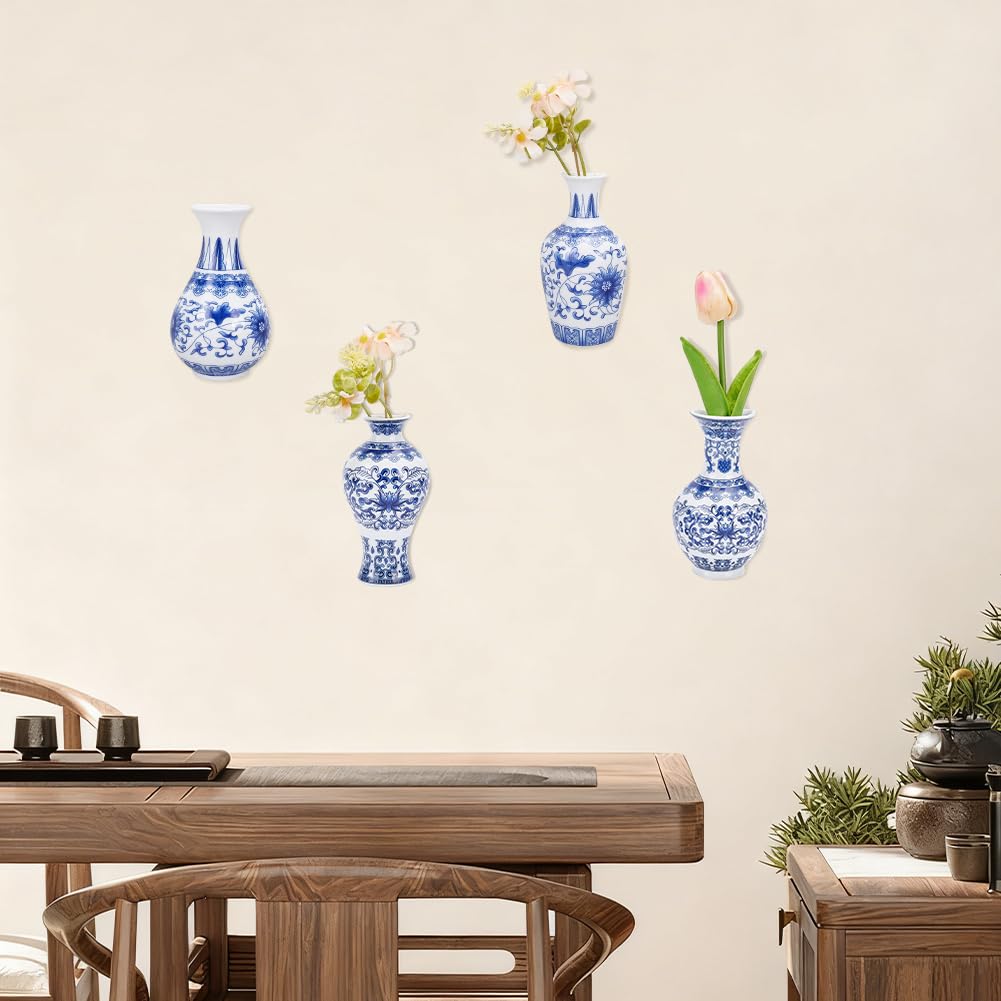OLYCRAFT 4pz 4 stili Piccoli Vasi Cinesi Blu e Bianchi Vasi Decorativi In Ceramica Da Parete Vaso Da Fiori In Ceramica per Decorazioni per Interni Casa Fiori Secchi e Piante Finte Verdi