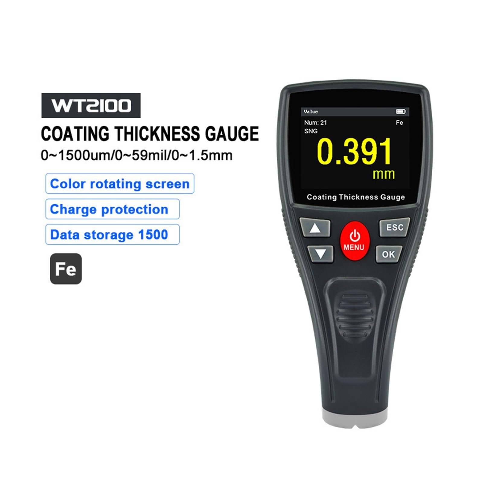 Miernik grubości farby Scree cyfrowy miernik grubości powłoki 0-1500um przenośny tester grubości metalu(WT2100)