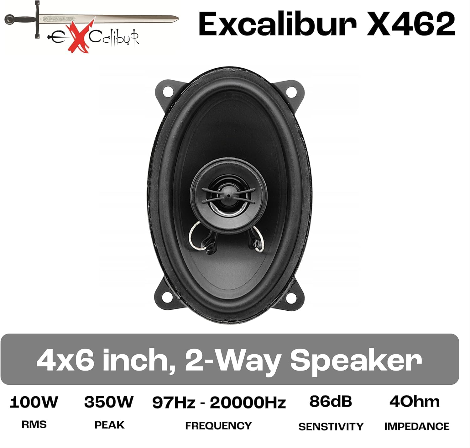 Excalibur X462 – Altoparlanti Coassiali Auto 4x6" (10x15 cm), 2 Vie, 350W Max, 100W RMS, Impedenza