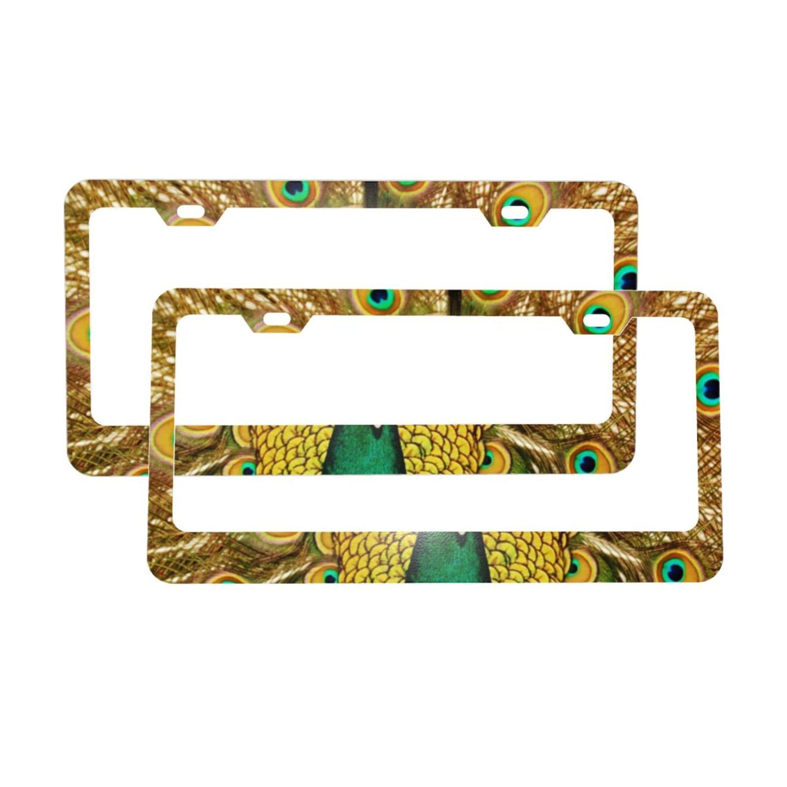 Peacock Print License Plate Frames Holder 2 Pack,2 Flat Holes, Aluminum Universal Car License Plate Covers License Plate Holder