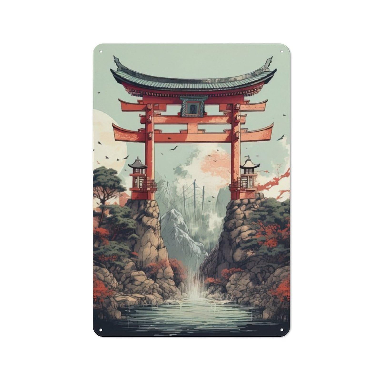 Junmoney Anime Japanese Gate Retro Metal Sign 30X20cm, Distressed Look Retro Room Decor For Living Room, Hallway, Kitchen Or Cafe