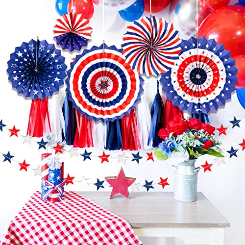 4Th Of July Decorations Set - 16Pcs Red White Blue Patriotic Paper Fans Star Garland And Crepe Paper Streamers For 4Th Of July Independence Memorial Day Patriotic Hanging Party Decorations #TOP6