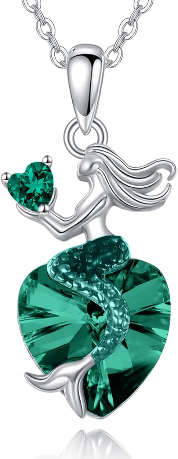Mermaid Birthstone Necklace for Women 925 Sterling Silver Jewelry Austrian Crystal Pendant Christmas Gifts for Her