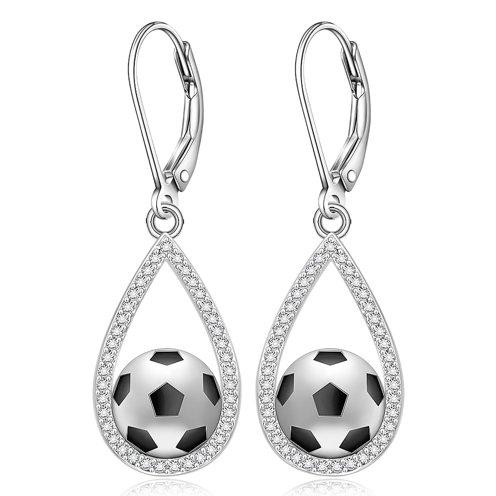 Soccer Earrings for Women 925 Sterling Silver Dangle Soccer Ball Earrings Leverback Soccer Earrings Gifts for Soccer Lovers