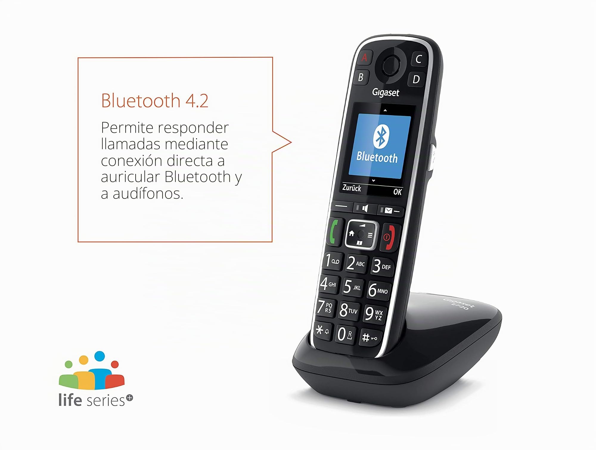 Gigaset E720 - El nuevo teléfono inalámbrico con aviso de voz de la persona que llama, teclado parlante, bluetooth para auriculares o audífonos - Color negro - Made in Italy