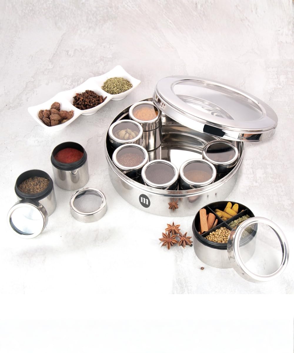 MARU Extra Large 12 in 1 Spice Box for kitchen with Threaded Lids | Masala Box For Kitchen Steel | Masala Container For Kitchen See Through Lid (Size 14 Extra Large 24.5cms) Silver