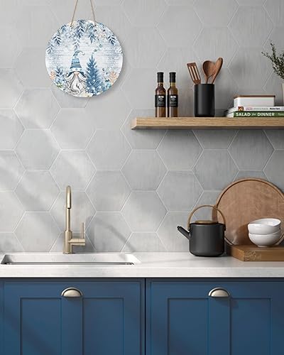 Miniatura 5 de Seasonal Front Door Welcome Sign, Merry Christmas Tree Gnomes Poinsettia Berry Eucalyptus Leaves Vintage Round Wood Wreaths Wall Hanging Sign for