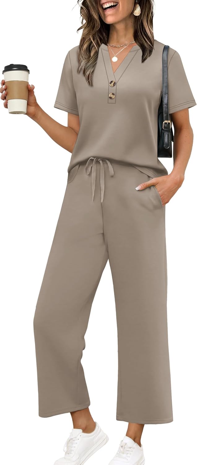 OFEEFAN 2 Piece Sets for Women Spring Fashion Beach Vacation Cruise Outfit Dressy Casual Wide Leg Crop Pants Resort Wear