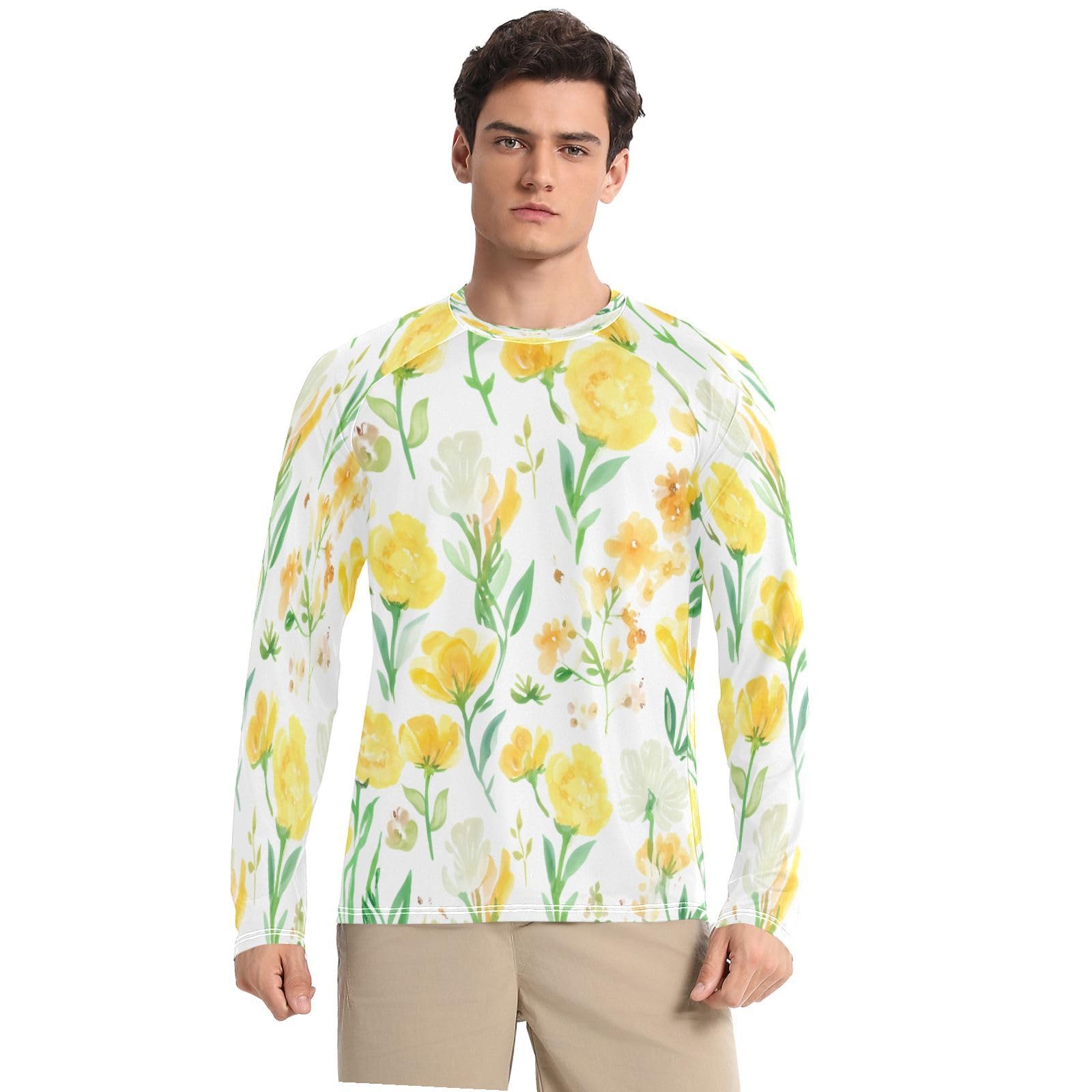 Yellow Floral Pattern Men's Sun Protection Shirts UPF 50+ Long Sleeve UV Rash Guard Quick Dry Swim Shirts-image-13