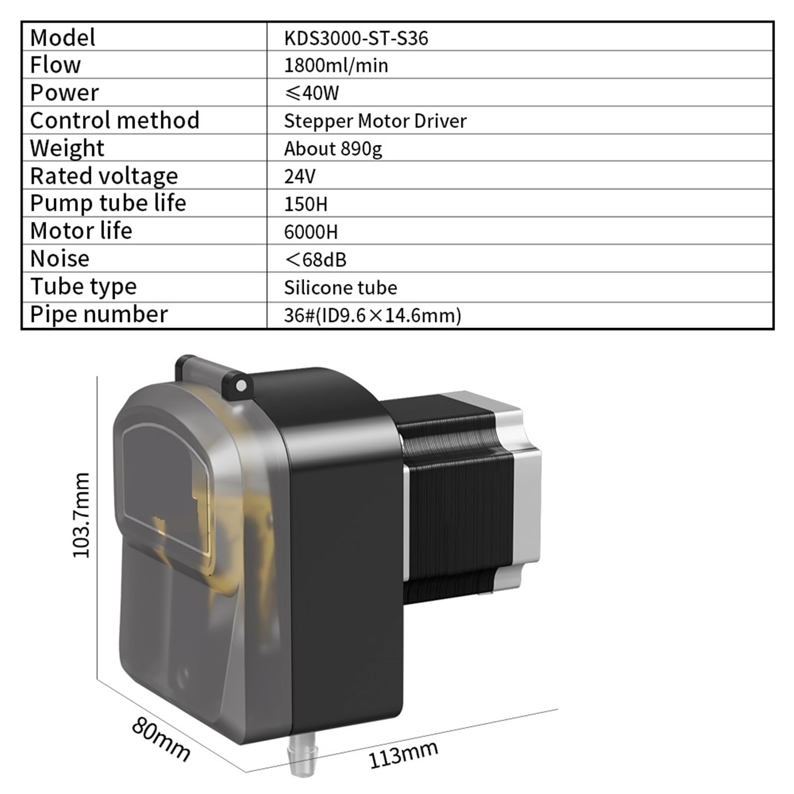 JWBSTUIW 3.2L/min KDS3000 Peristaltic Pump 24V Stepper Self-Priming Pump 300RPM High Flow Transfer Pump Silicone 2.5mm Thickness(KDS3000-ST-S36)