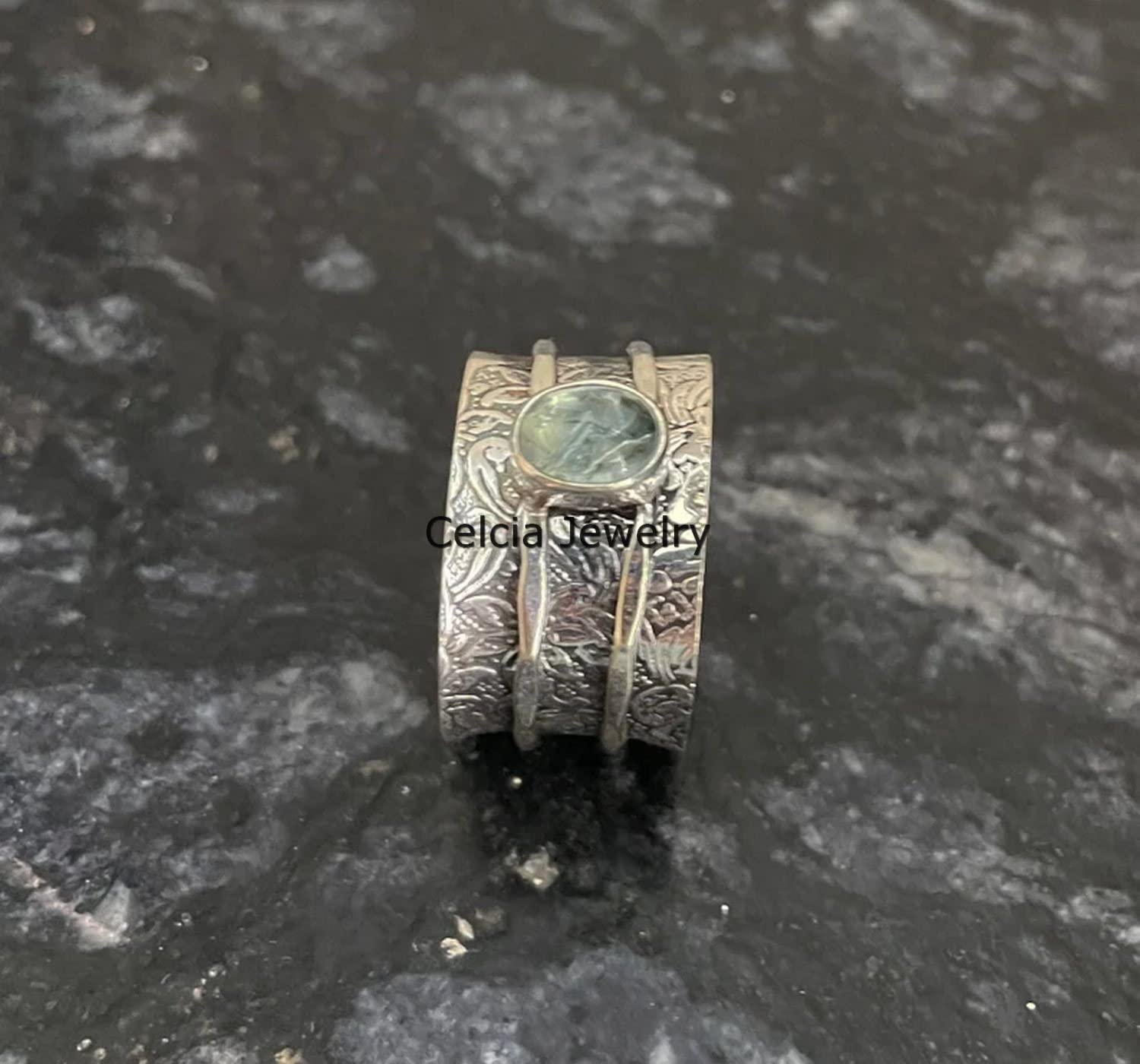 Natürlicher Amazonit-Edelstein-Blumen-Blumen-Designer-Spinner-Ring, echter 925er Sterlingsilber-Meditationsring, Angst-Ring, ethnischer Fidget-Ring, oxidierter Silber-Spin-Ring