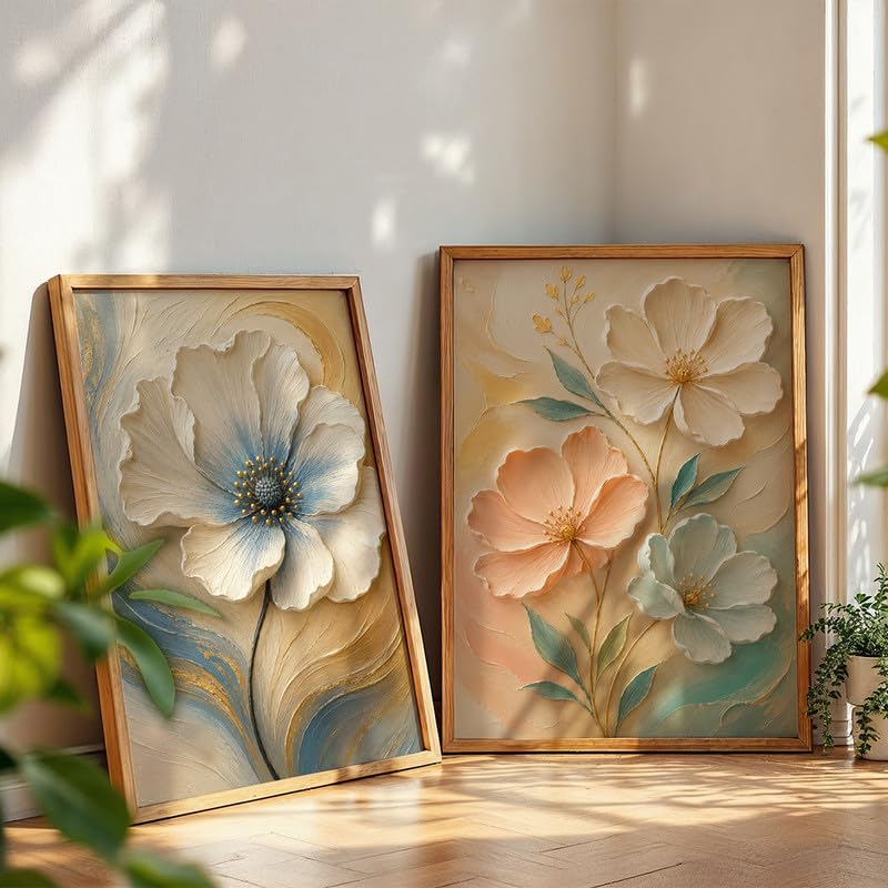 Image of NoWorries Floral Wall Painting Set of 2 with Frame | Premium White Peach & Blue Flower Botanical Artwork, Elegant Nature Wall Decor for Living Room, Bedroom, Office and Home Decoration (Art-7, 13x19inch)