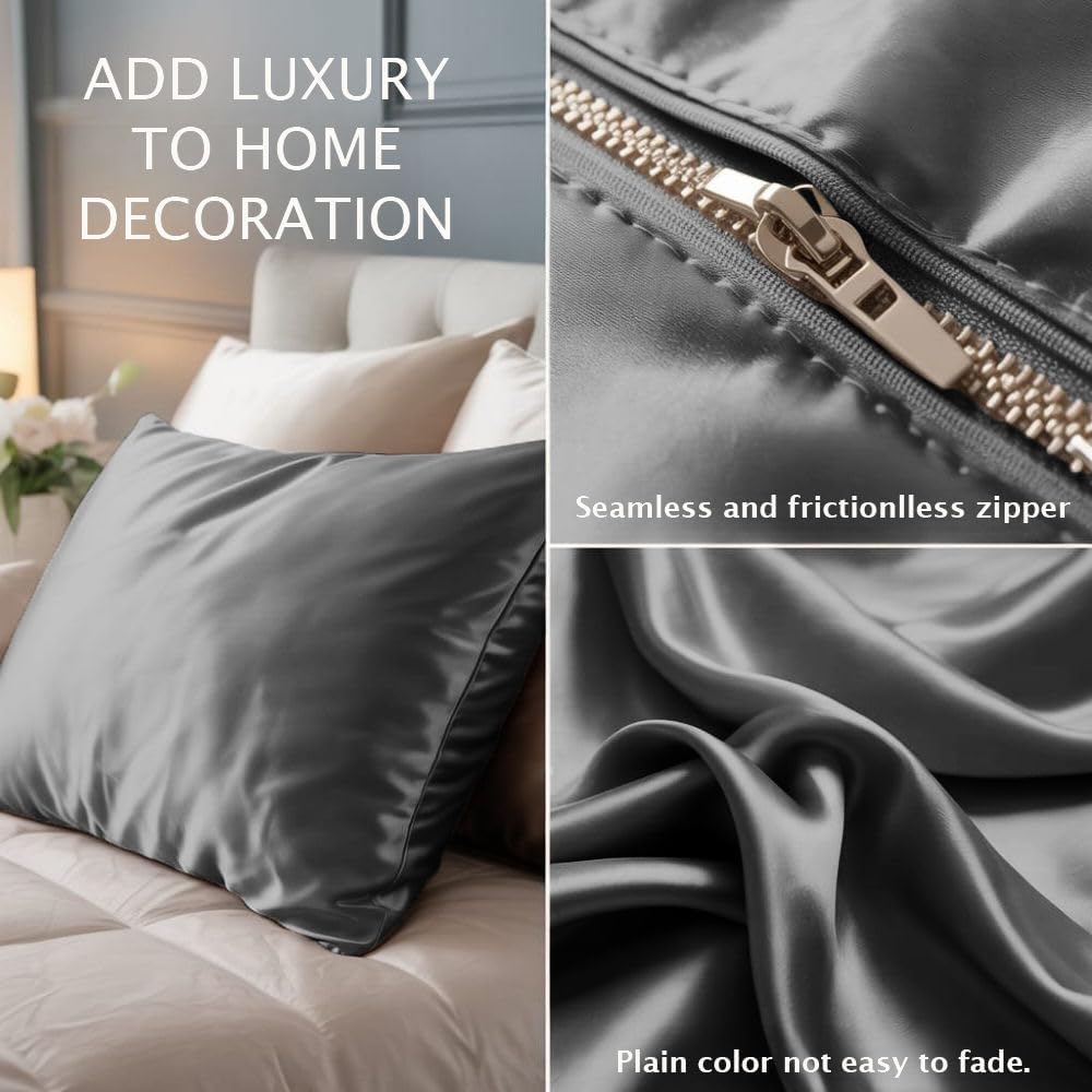 Silk Euro/European Pillow Case 26×26 Decorative Square Cushion Covers for Bed, Couch & Sofa – Soft, Smooth Home Décor Pillow Cover, Pack of 2 Zipper Closure – Dark Grey