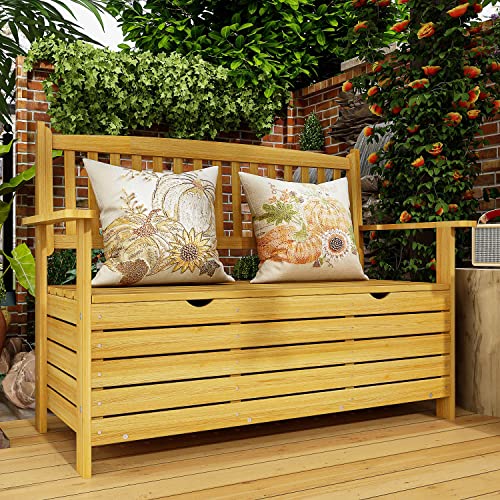 Timechee Outdoor Storage Bench Large Deck Box, 45 Inch Patio Wood Loveseat Benches, Garden Seating Furniture With Storage Space For Tools & Pool Toys For Deck, Porch & Balcony, Yellow #TOP4