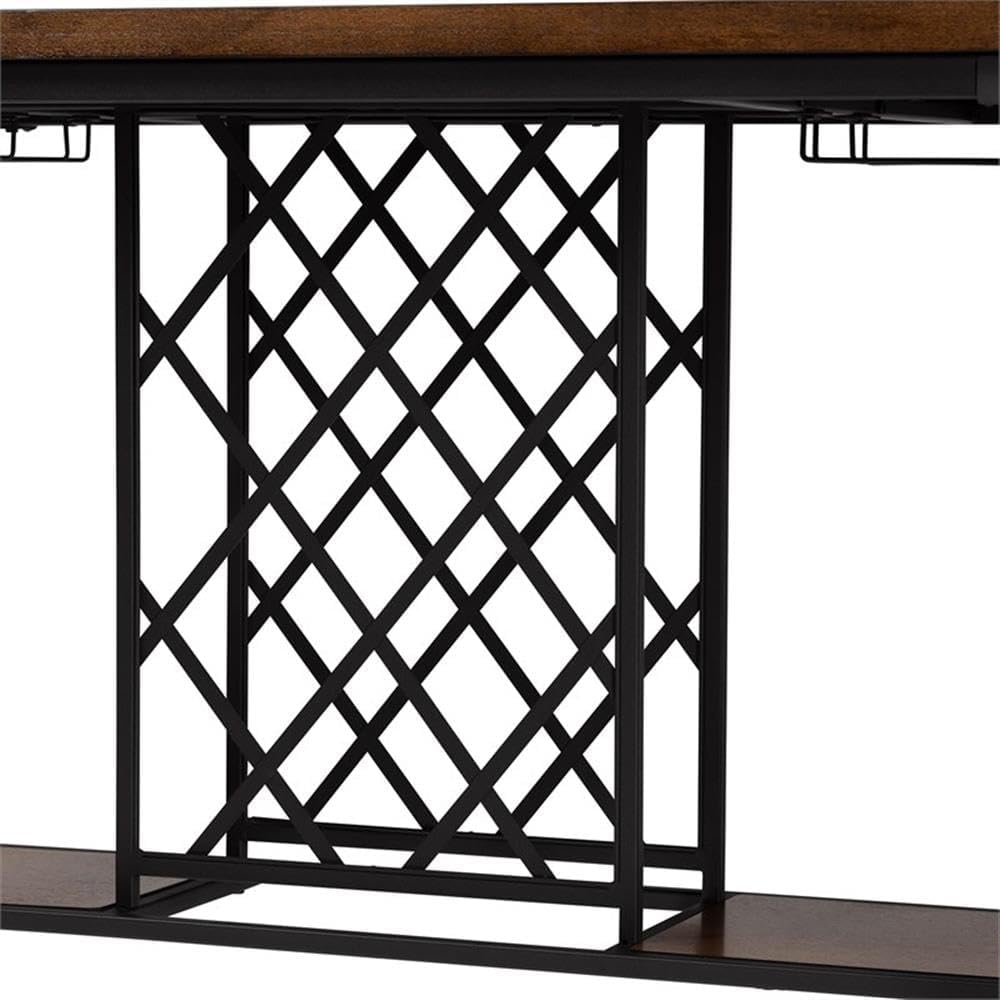 BOWERY HILL Industrial Pub Table, 48.1" W x 30.1" D x 36.5" H, Metal and Reclaimed Wood, Brown and Black Finish, Built-in Wine Cage, Stemware Rack, Open Shelves, Rectangular Bar Table