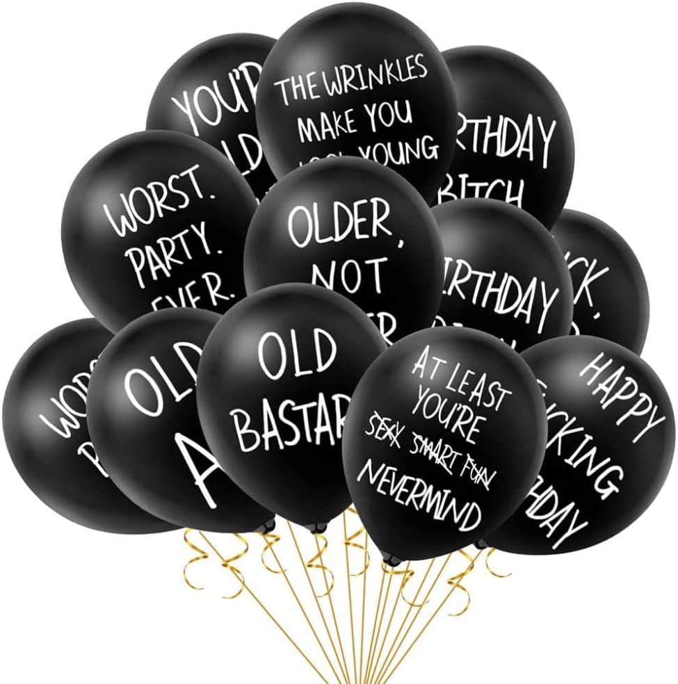 i-QiQi Abusive Birthday Balloons Funny Party Stuff, 10PCS 12 Inches Black Latex Balloons Funny Cute Offensive Rude Bulk Party Balloons for Men Women Birthday Graduation Party Supplies Decorations
