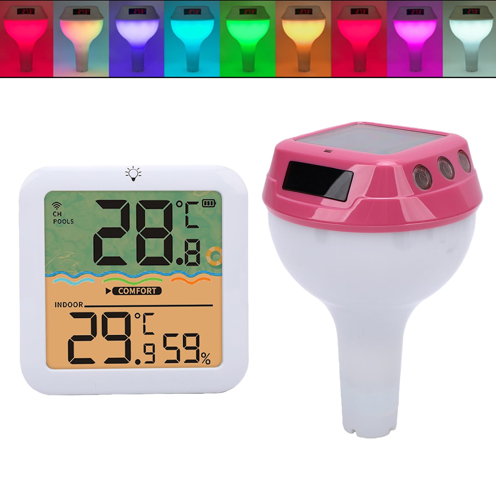 Solares Digitales Poolthermometer Schwimmend, Solarbetriebener Pooltemperatur- und Luftfeuchtigkeitssensor mit RGB-Licht, Temperaturüberwachung für Schwimmbad, Teiche, Spa (Rot)