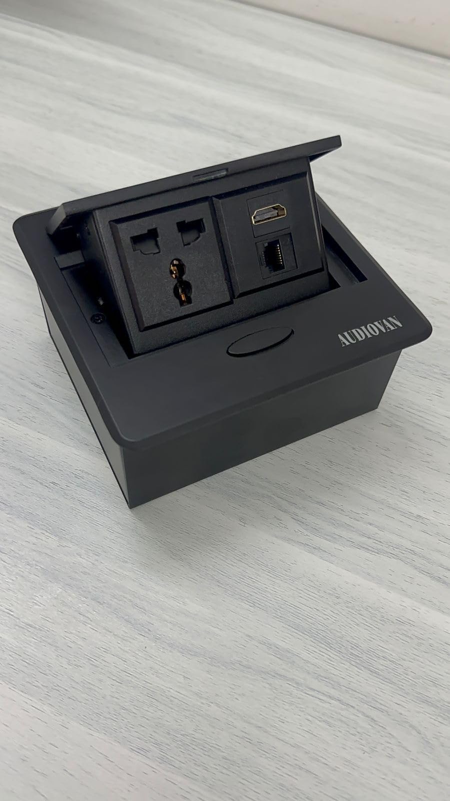 Audiovan Hydraulic Cable Cubby Pop Up Conference Box, Cable Manager Socket Electrical Box with 1Power+1LAN+1HDMI UL Certified for Home, Office, Meeting Room, Countertop. (BLACK 1 POWER+LAN+HDMI)
