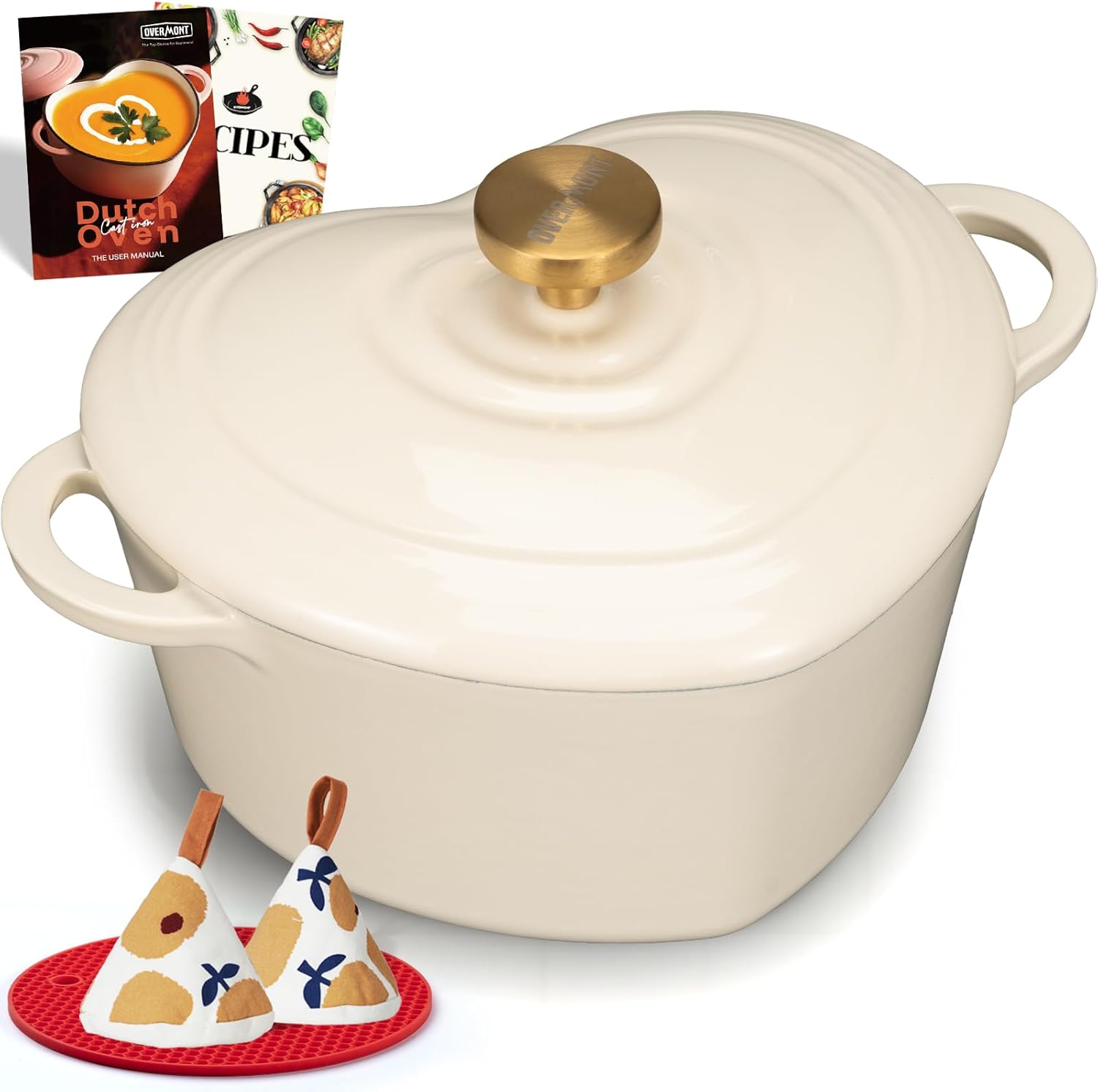 Overmont Enameled Cast Iron Dutch Oven - Heart-Shaped Pot with Lid Cookbook & Cotton Pot Holders - Mini Cookware Oven Safe to 500°F for Bread Baking Soups Stews - Great Gift for Birthday Wedding Housewarming 2QT Pink