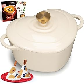 Paris Hilton Enameled Cast Iron Dutch Oven Pot with Lid, Heart-Shaped Dutch Oven, Durable Cast Iron Pot with Dual Handles, Oven Safe to 500°F, Works on All Stovetops, 2-Quart, Cream