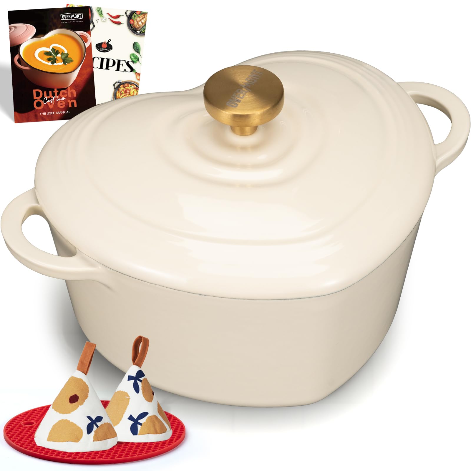 Overmont 2L Enamelled Cast Iron Dutch Oven - Heart-Shaped Casserole Dish with Lid - 2QT Mini Pot, Oven Safe to 260°C for Baking Bread, Soups & Stews - Gift for Wedding Birthday Housewarming, White