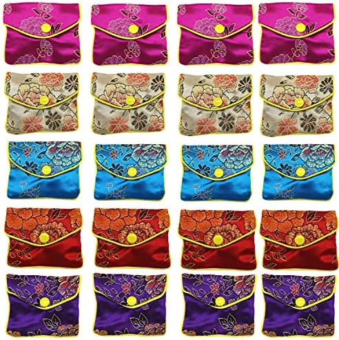 HAN SHENG 20 Pcs Embroidered Silk Jewelry Pouch Brocade Coin Purse Zipper Jewelry Pouch Gift Bags
