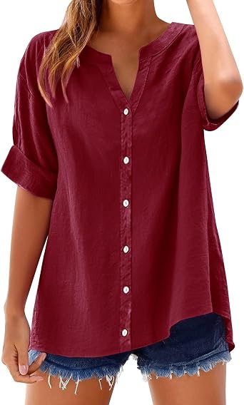 Summer Cotton Linen Tops for Women Trendy Button Down Shirts Plus Size V Neck Boho Clothes Spring Tees for Women 2025