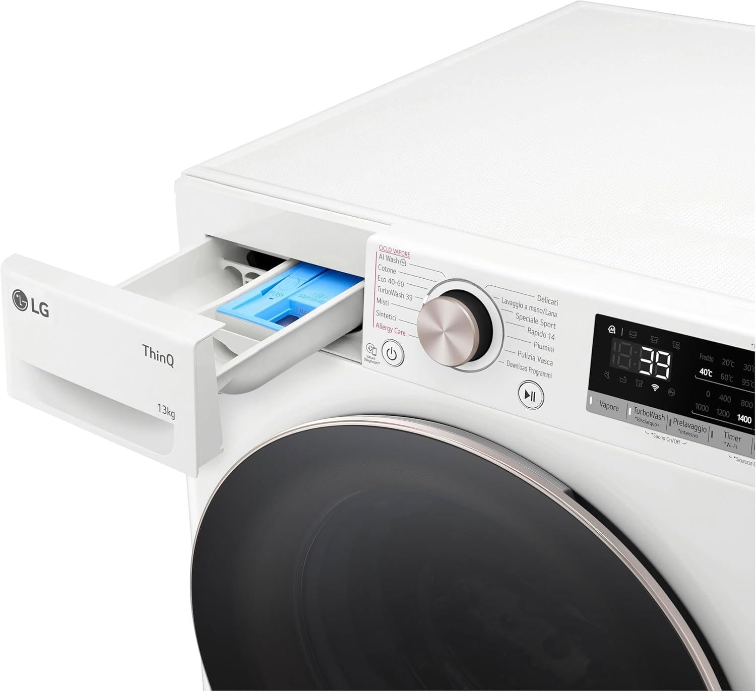 LG AI DD F4R7013TSWG Lavatrice 13kg, a Carica Frontale, Serie R7, Lavatrice Classe A -20%, 1400 giri, TurboWash 360, Vapore su 7 Programmi, Wi-Fi, Inverter Direct Drive, Libera installazione, Bianco