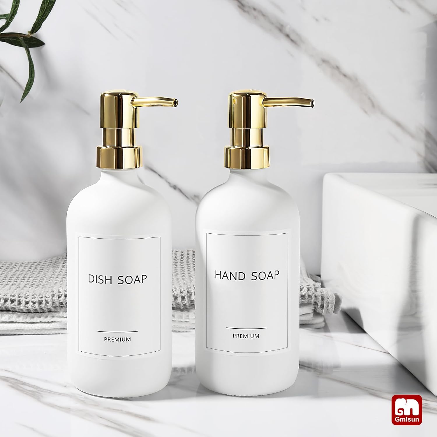 GMISUN White Soap Dispenser, 2 Pack Glass Hand Soap Dispensers Bathroom with Gold Pump, 17 Fl Oz Dish Soap Dispenser Set for Kitchen, Refillable Modern Liquid Soap and Lotion Dispensers Bottle - Image 4