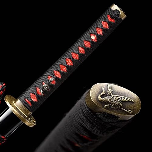 Miniatura 5 de OYZ - Espada Katana de samurái japonesa, templada en arcilla, acero T10, Choji Hamon real, espada con Tsuba, hoja afilada, espada completa hecha a