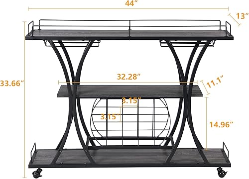 Miniatura 5 de KIVENJAJA Carrito de bar industrial, carrito de servicio rodante con estantes para vino y soporte para vidrio, estante de 3 niveles de licor de